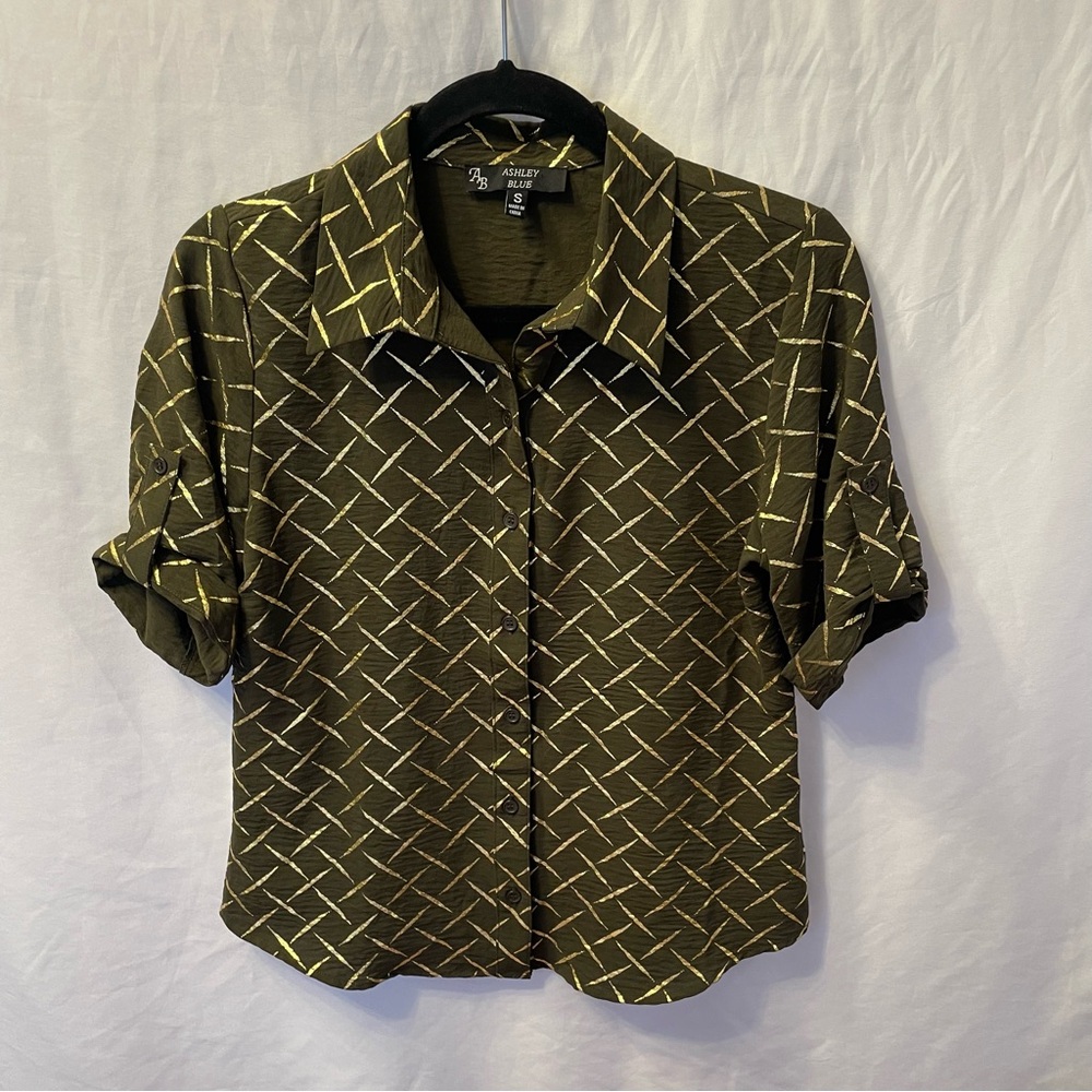 Corporate Metallic Geometric Short Sleeve Cuffed‎ Button Down Shirt Small Office